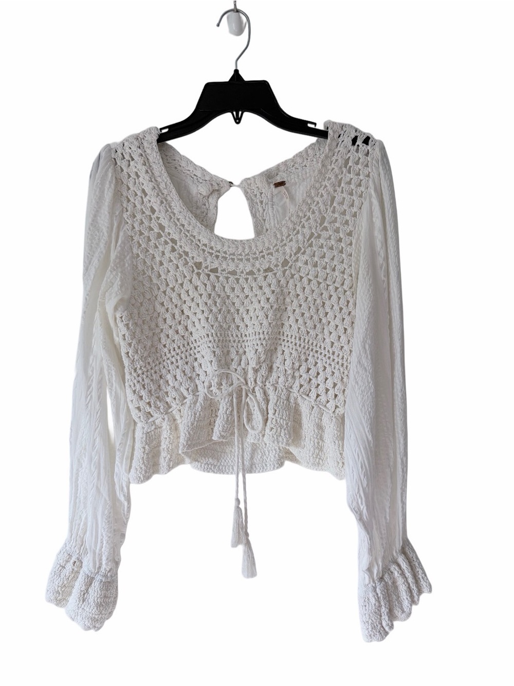 Free People Megan Crochet Top Creamy White Boho Long Sleeve Blouse size large - Picture 3 of 9